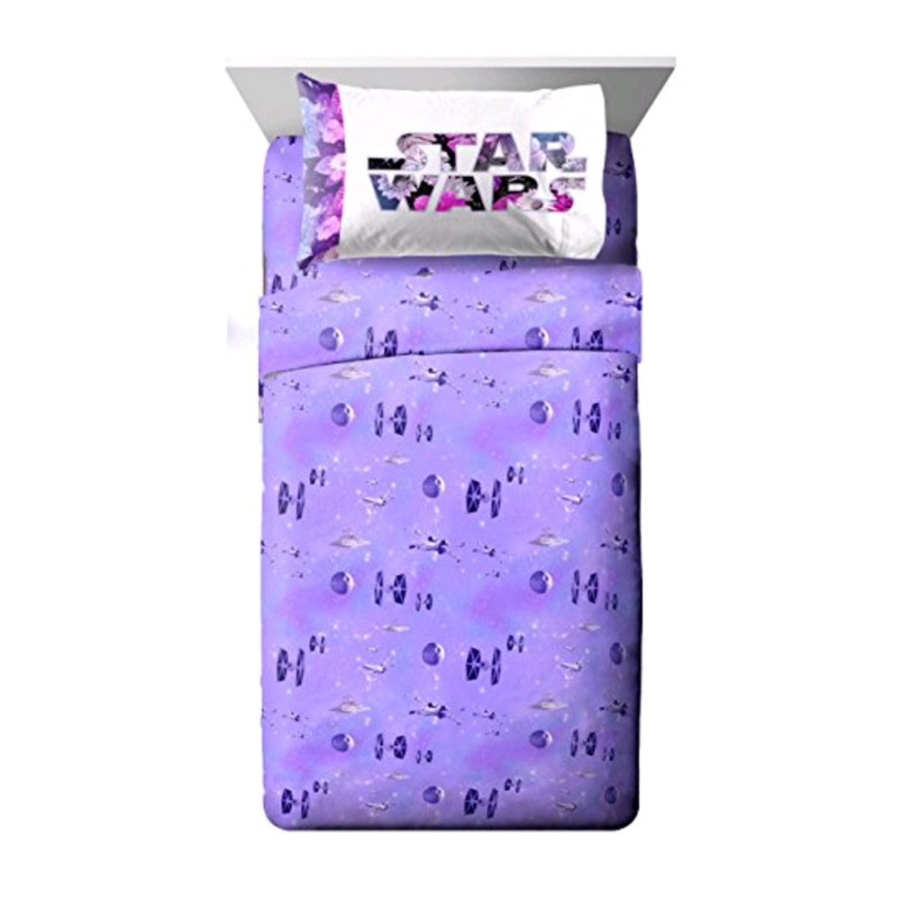 Star Wars Lavender Galaxy Queen Sheet Set with White Logo Pillowcases